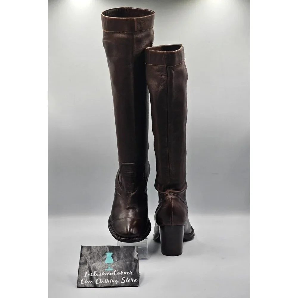 Frye Women's Brown Leather Rory Scrunch Knee-High Heeled Boots Size 7 3242 - Picture 4 of 16